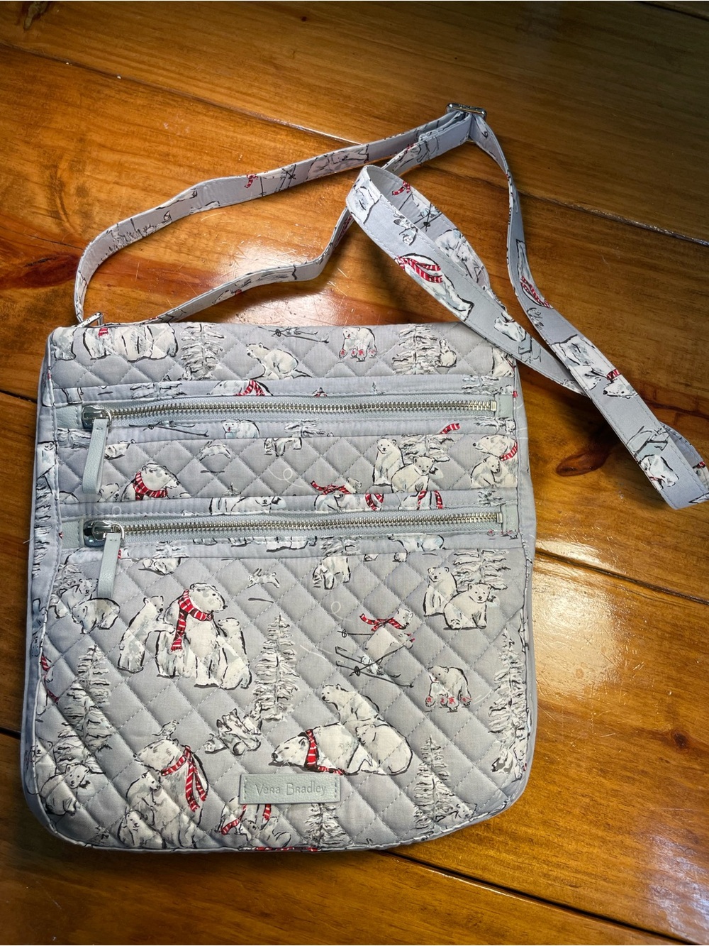 Vera Bradley Light Gray Quilted Crossbody with Polar Bear Print and Red Accents